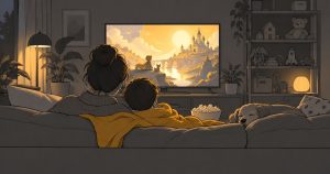 Rodič s dítětem na gauči sledují animovaný příběh